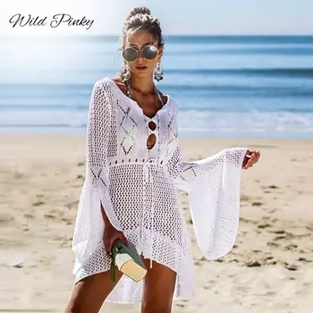 WildPinky V vratu beli očesa čipke obleko ženske seksi poletni plaži kratko obleko Vzročno flare rokav obleka vestidos 2020