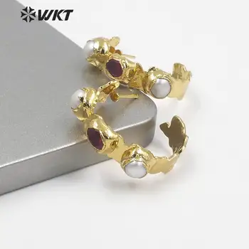 WT-MPE050 Debelo nova zasnova C obliko ženske stud uhani, modni zlato electroplated trojno kamen pol krog biser uhani