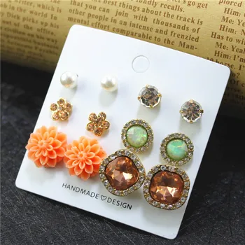 XQ uhani set 6 parov / kartico oranžne rože, kvadrat, krog belih imitacije pearl cinkove zlitine nakit za ženske stranka nakit