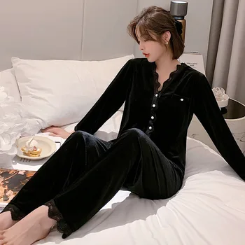 YRRFUOT Žamet Pižamo Žensk Obleko Dolgo sleeved Jopico Čipke 2020 korejska Različica Moda Priložnostne Žensk Barva Sleepwear
