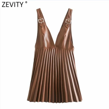 Zevity 2021 Ženske Letnik Globoko V Vratu Barva Pu Usnje Naguban Mini Obleka Femme Elegantna Nastavljiva Trak Vestido Krpo DS5020