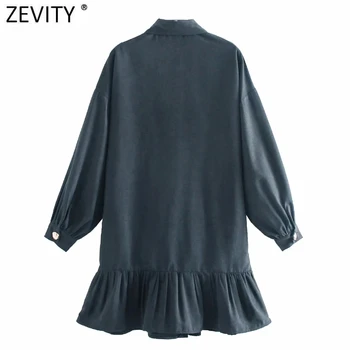 Zevity 2021 Ženske Moda Barva Zapenjanje Robom Ruffles shirtdress Ženski Dolg Rokav Vestidos Elegantna Antilop Mini Obleke DS4956
