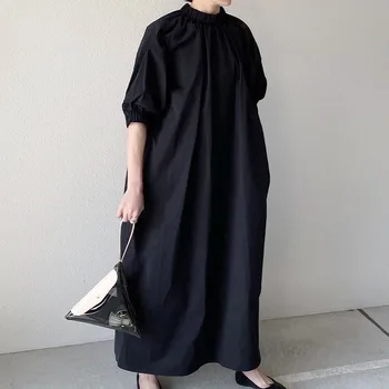 Črna Dolgo Ženske Obleke 2020 Jeseni A-Line Pol Rokav Priložnostne Maxi Obleke Korejski Janpanese Žep Ženski Urad Dama Obleko
