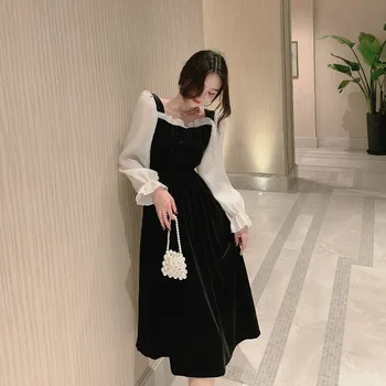 Črna Vintage Obleko Ženske Kvadratnih Ovratnik, Dolgi Rokavi Večer Stranka Retro Gothic Obleko Ženski Enega Kosa Obleko Korejski 2020 Jeseni
