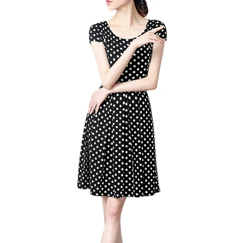 Črno Bel Polka Dot Vintage Obleko Poletje Ženske Cvjetnim Tiskanja Kratek Rokav Retro Haljo Rockabilly Obleke