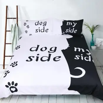 Črno Bele angleške črke Domačega Tekstilnega Rjuhe Kritje Set Posteljnine Komplet Pes, Mačka Človekovih Eno Dvojno King Size