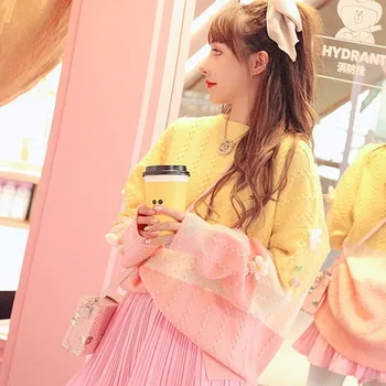 Črtasto Pulover Ženske Pletene Kawaii Puloverju Pulover Mozaik Svoboden Češnja Tiskanja korejski Oblačila ženskih Oblačil Jesen 2020