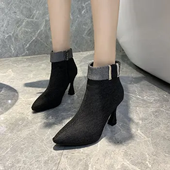 Škornji ženske konicami prstov zadrgo čevlji kvadratni visokih petah Udobno kavbojski škornji moda črna Navy blue u910