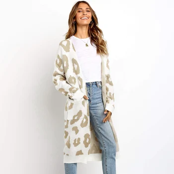 Ženska Leopard Tiskanja Pletenje Jopico outwear plasti z odprto žep spredaj topel pulover ouc303