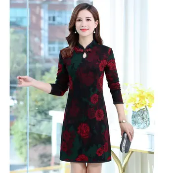 Ženska Orientalski Qipao Obleko Pomlad Kitajski Mandarin Ovratnik, Dolgi Rokavi Koleno Dolžina Haljo Femme Črno Rdečo Rožo, Etnični Obleke