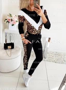 Ženska Trenirka Jeseni, Pozimi Moda Lady Splice Runo Leopard Tiskanja Mozaik Plašč Dveh Kosov Set Hoodies Dolge Hlače Obleko
