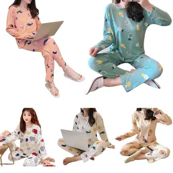 Ženska z Dolgimi Rokavi Pjamas Nastavite Cartoon Živali Sleepwear Svoboden Loungewear L-2XL 62KE