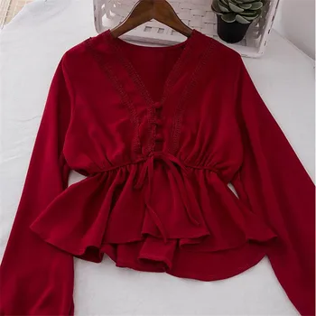 ženske bohemian shirt ženski jesen pomlad korejski slog v vratu dolg rokav bela rdeča črna bluza blusa PZ1254