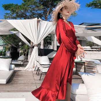 Ženske Burgundija Saten Maxi Backless Stranka Obleko Elegantno Poletne Počitnice Plaža Obleko Proti-vrat Letnik korejski vzletno-pristajalne Steze 2020 Vestidos