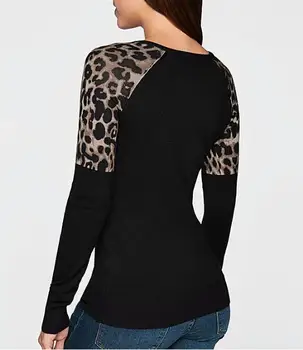 Ženske Jeseni Nove Priložnostne Leopard Šivanje Top Majica Dolg Rokav Krog Vratu Ohlapen Pulover, T-shirt