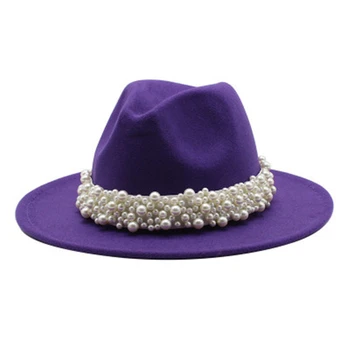 ženske kape pozimi široko roba pasu pasu pearl luksuzne blagovne znamke jazz kape formalno cerkev zimske ženske klobuki belo roza fedora ufilcala klobuki