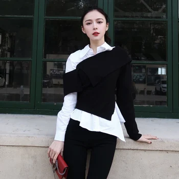 Ženske Nezakonitih Kontrast Barve Bluzo Korejski Moda Dva Kosa Iz Belo Srajco, Črno Pletene Telovnik Oblikovalec Ženska Oblačila