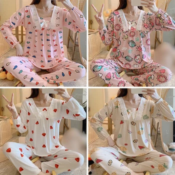 Ženske Pižame Kompleti za Jesen Pomlad Sleepwear Lepa risanka Pijamas Mujer Dolg Rokav Bombaž Seksi Ženske Pižame