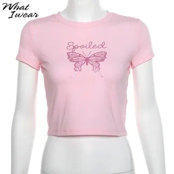 Ženske Priložnostne Modni T-majice metulja print O-Vratu kratek rokav roza raztegne Ženski Tees Novo Poletje lady vrhovi
