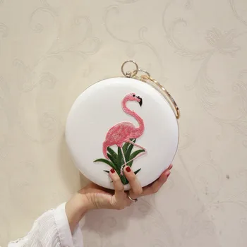 Ženske Vezenje Flamingo Večer Vrečke Luksuzni Krog Oblikovan Ženski Poroko Večerjo Vrečke Ramo Torbe, Sklopka Torbici