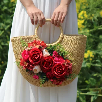 Ženski torbici Vezavi Rattan torba ženske slame vrečko, velike zmogljivosti, Umetno cvetje plaža, sonce klobuk 2020 nova zasnova potovalna torba set