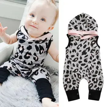 0-18 M Malčke Baby Dekleta, Fantje, igralne obleke brez Rokavov Leopard Tiskanja Hooded Romper Jumpsuit Splošno Oblačila