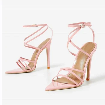 2018 najnovejši PU poletni sandali ženske v visokih petah sponke traku konicami prstov križ vezani poročni čevlji za dame zapatos mujer