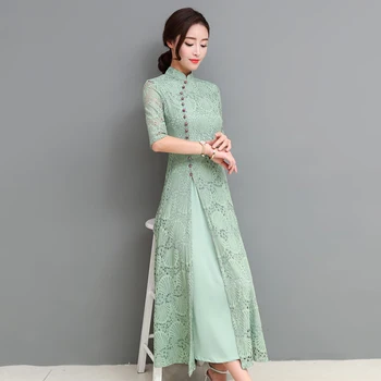 2019 Poletje Qipao Žensk Čipke Dolgo Cheongsam Moda Kitajska Obleka Ženske Elegantno Vitek Vestido Seksi Stranke Obleke 3XL A267