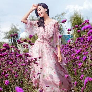 2019 Čisto Nove Ženske Modni Cvetlični Obleko Proti-vrat Laceup Flare Rokav Šifon Obleko Maxi Bohemian Dolgo Obleko Vestidos De Fiesta