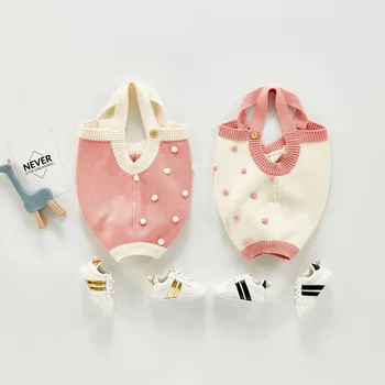 2020 Baby Jeseni Oblačila Newborn Baby Dekle Plesti Bodysuit Pompom Design Jumpsuit Bombaž Obleke brez Rokavov Bodysuit 0-24m