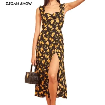 2020 francoski Ženske Zanko Obleko Nazaj Elastična Ruched Limone Tiskanja uhljevka Špageti Trak Robom Režejo, Sredi Tele Obleke Party