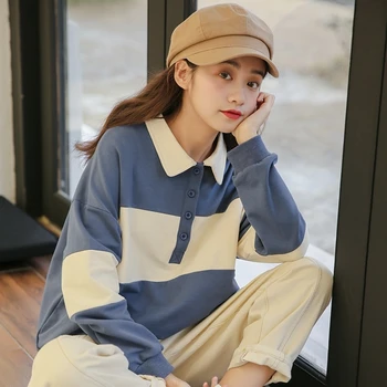 2020 Jeseni, Pozimi Ženske Majica Korejski Moda Priložnostne Harajuku Dolg Rokav Svoboden Sladko Srčkan Šivanje Kontrast Sweatshirts