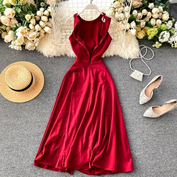 2020 Nove Poletne Ženske Brez Rokavov Seksi Povodcem Obleke Ženska Visoko Pasu Barva Priložnostne Midi Obleko Ladys Rdeča Obleka