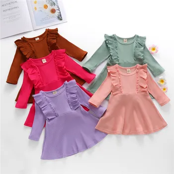 2020 Novo Little Girls Srčkan Dolg Rokav Obleka Priložnostne Divje Krog Vratu Pletenega Rebrastega Ruffle Mini Obleka 1-6Y