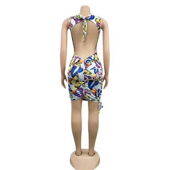2020 Novo Obleko za Ženske, Vroče Prodaje Metulj Tiskanje Seksi brez Rokavov Backless Čipke Nabiranje Votlih Mini Obleka