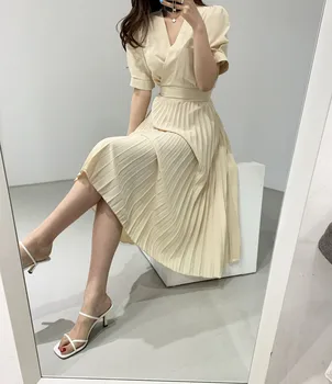 2020 Poletje Šifon korejski A-line Naguban Dolga Obleka Ženske Kratek Rokav Proti-vrat Obavijen Moda Urad Elegantne Dame Vestidos
