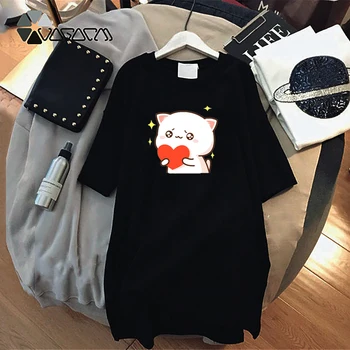 2020 Poletje Ženske obleke Risanke Mačka Tiskanja Priložnostne Svoboden Ženski Ulične Črna Kratka Sleeeve Mini Plus Velikost 4XL Stranke Obleke