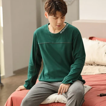 2020 Pomlad korejski Dolg Rokav Pajama Kompleti za Moške Bombaž Sleepwear bo Ustrezala More Moški Loungewear Pižame Homewear Domov Oblačila
