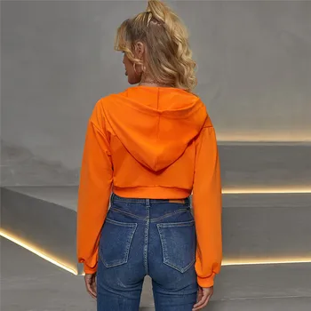 2020 Pozimi Ulične Long Sleeve Hooded Hoodies Ženske Modni Priložnostne Odrezana Puloverji Vrhovi Neon Oranžna Ženske Debele Hoodies