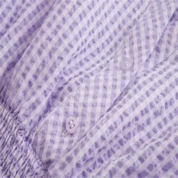 2020 Za Rastlinske Kariran Bluzo Ženske River Ovratnik, Dolgi Rokavi Top Smocked Elastično Prevleko Modni Purple Priložnostne Kratkimi Rokavi