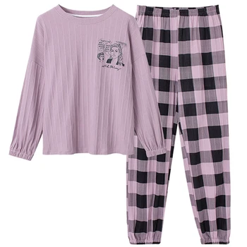 2020 Žensk Jesen Pomlad Pižamo Tiskanje Plus Velikost Svoboden Ženski Sleepwear o Vratu Dolg Rokav Bombaž Gospe Priložnostne More