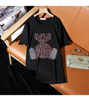 2020 Ženske Plus Velikost Vrtanje T-majice Oblačila Moda Znak Diamanti T srajce Seksi Ohlapno Črno Tshirt korejski Tees T245