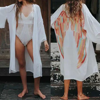 2021 Poletje Celmia Ženske Kimono Jopico Plus Velikost Vrhovi Nazaj Krila Tiskanja Dolge Srajce Priložnostne Rokav Bluzo Plaži Kritje