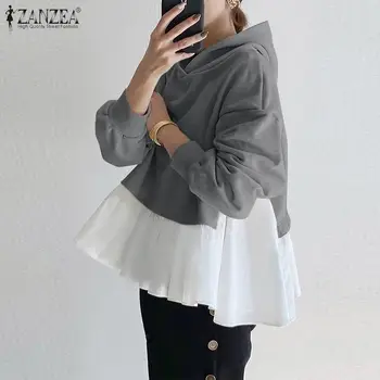2021 ZANZEA Jeseni Long Sleeve Majica Fashion Ženske Hoodies Mozaik Kapičastih Pulover Ulične Priložnostne Ruffles Sweatshirts