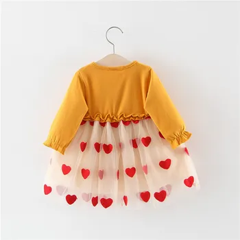 2021Spring Princesa Baby Dekleta Obleke Novorojenčka Srce, ki Tiskanja Ogrlicom Dolgimi Rokavi, Gumb A-Line Dekle Mini Obleka