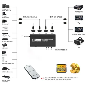 2X2 HDMI Splitter Preklopnik 2 V 2 Out HDMI preklopnik z IR Daljinskim in Napajalnik za Podporo 3D 1080P Za HDTV, PC, PS3/PS4