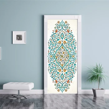 3D Nov Prihod Modri Cvet Islamske vzorci vrata Pvc Plakat nalepko nalepko Allah samolepilne tapete Spalnica Doma Dekor
