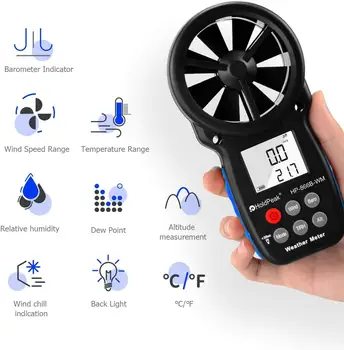 866B-WM Digitalni Anemometer za Measur Hitrost Vetra,Temperatura (℃/℉),rosišče in Wind Chill z Ozadja in Vlažnost Tester