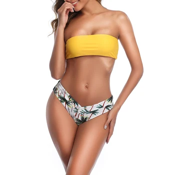 AA Ženske Tube Zgornji del Bikini Določa Kokosovo Drevo, Sončnično Natisnjeni Visoko Pasu Split Kopalke Nastavite Brazilski Bikini Bandeau Bikini