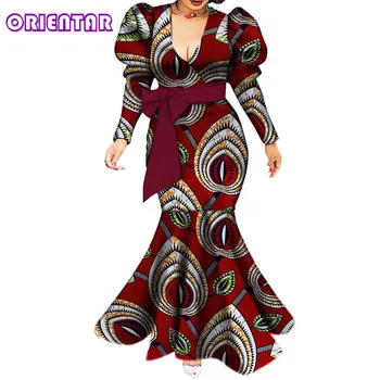 Afriška Oblačila Ženske Seksi Proti-vrat Puff Rokav Afriške Obleko Dolgo Stranka Obleko Afriške Tiskanja Bombaž Obleko Maxi Plus Velikost WY5494